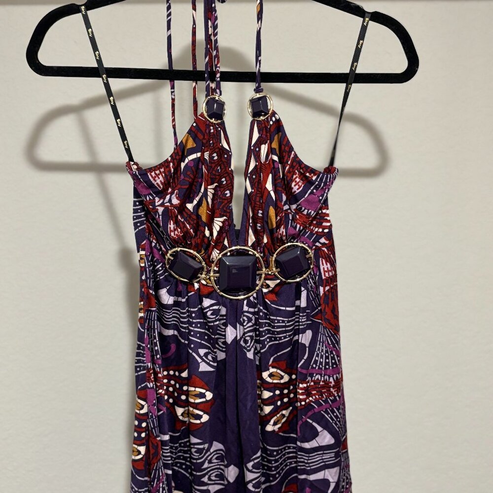 Sky Halter Neck Top w/ Jewels - Purple Print